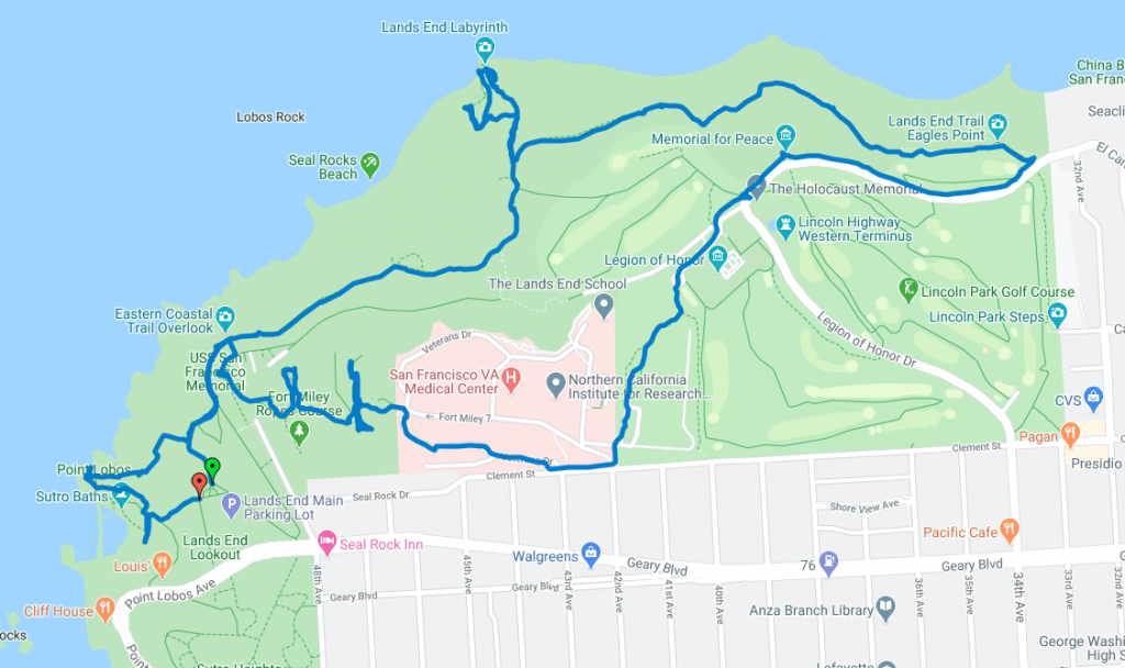 Map for hiking the Lands End Coastal Trail in San Francisco