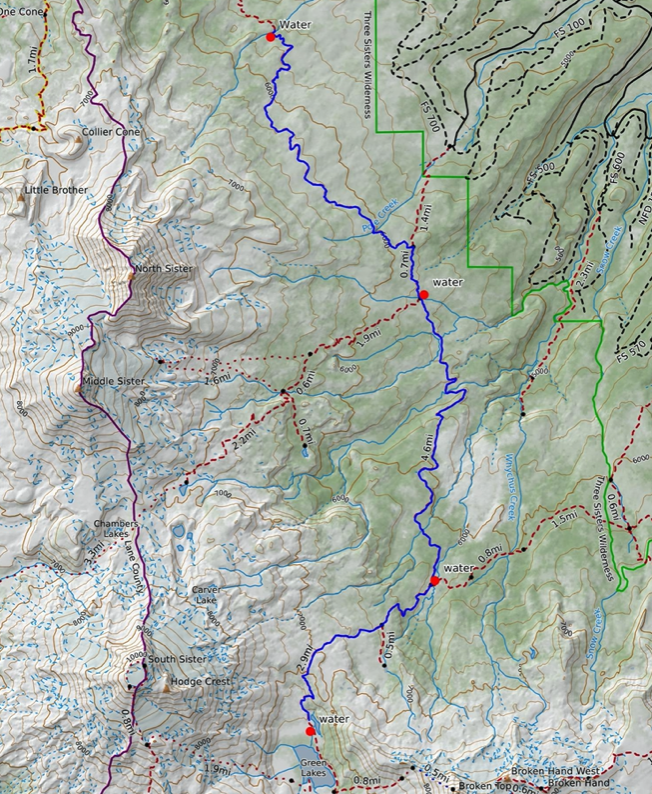 Map for Three Sisters Wilderness hike from Green Lakes to Alder Creek