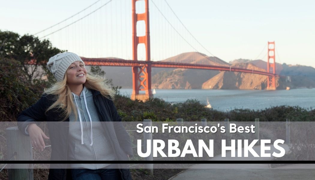 Ten of the best urban hikes in San Francisco. Picture of a girl standing on a trail in front of the Golden Gate Bridge.